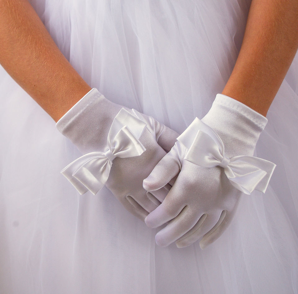 White satin communion gloves with double layered bows