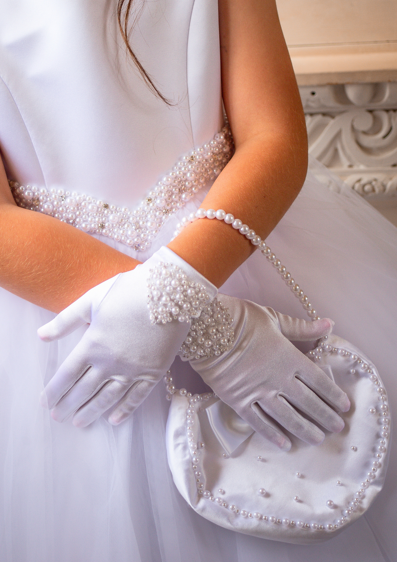 White satin communion gloves with pearl heart detailing