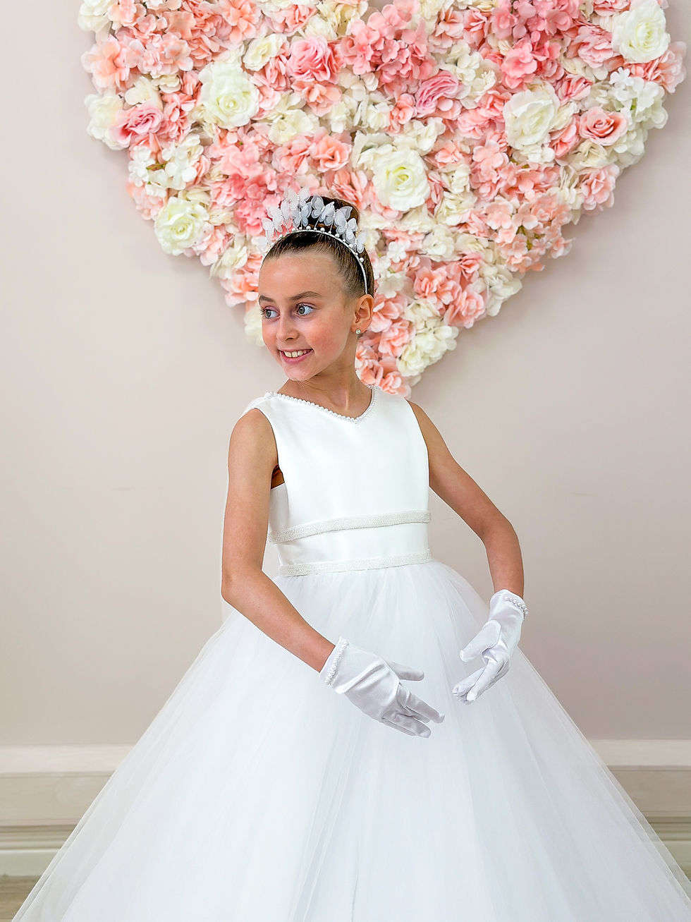Thumbnail: white tulle communion dress with cape from crystal and pearl boutique