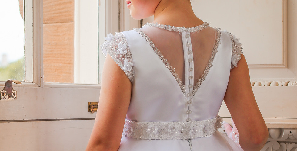 satin and mesh white holy communion dress with crystal bodice and tulle skirt