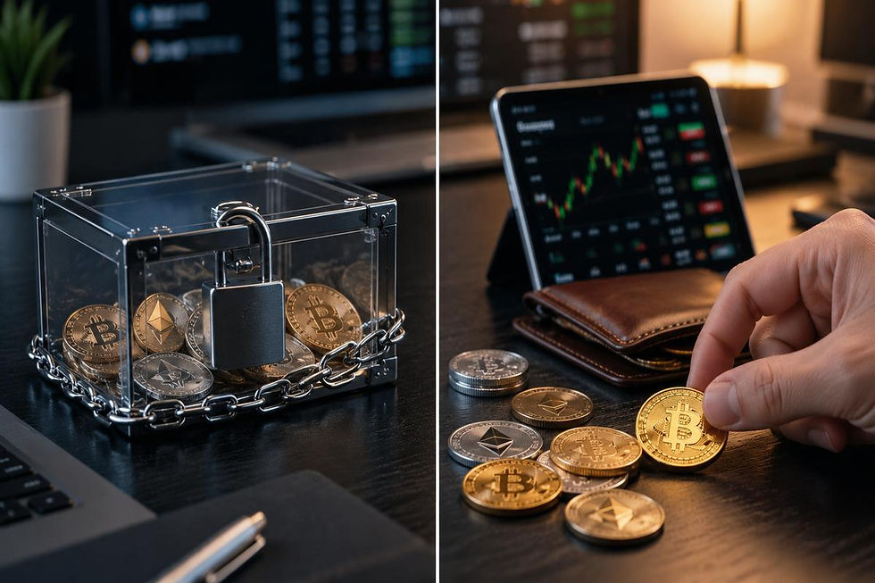 Illustration comparing locked crypto tokens with unlocked tokens available for transfer or sale