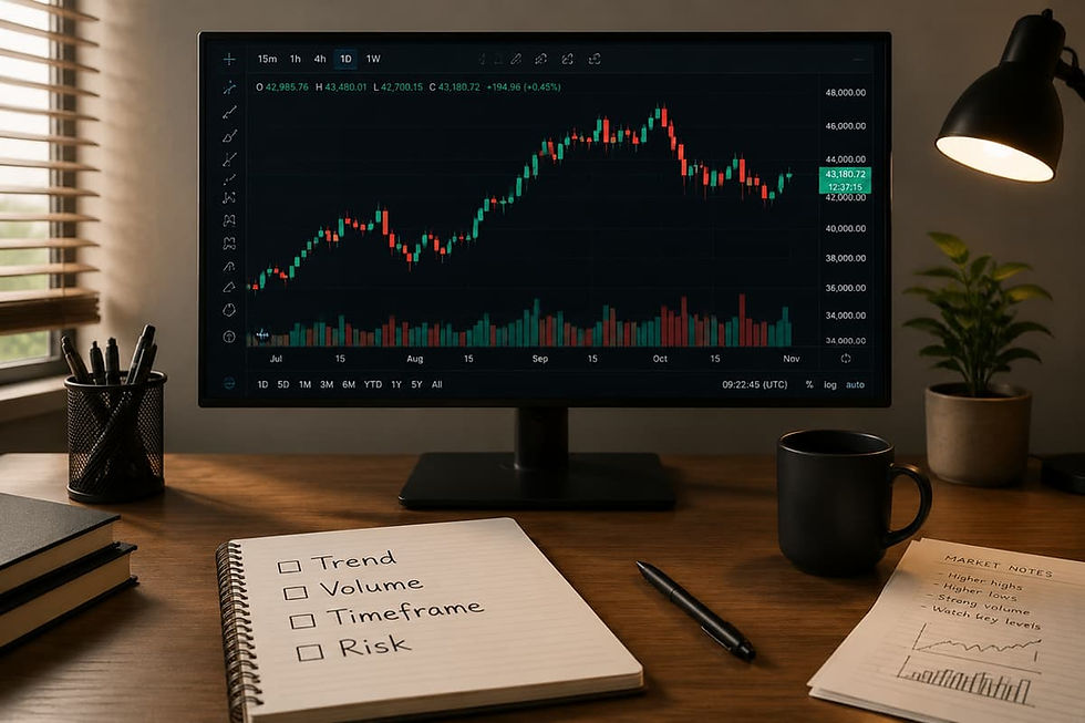Beginner crypto investor desk showing chart reading notes for trend volume timeframe and risk