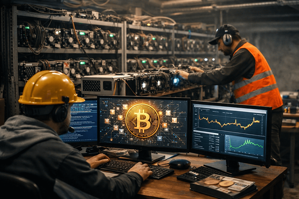 Bitcoin mining facility with workers operating high-tech computers, showing the Bitcoin network and blockchain process in a real-world environment.