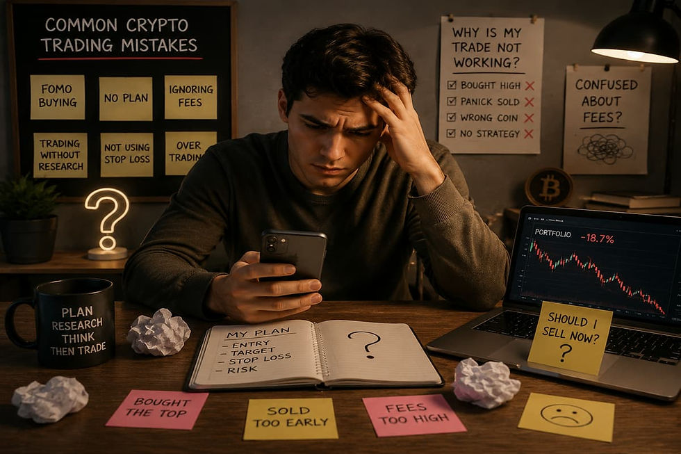 Realistic abstract scene showing confused financial planning environment representing common mistakes in crypto trading decisions