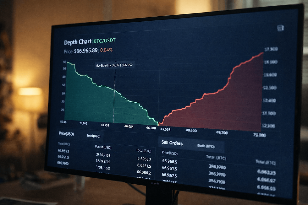 Monitor displaying crypto market depth chart showing liquidity levels and order volume in real-time.
