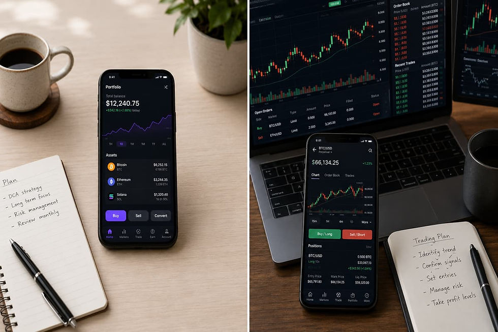 Split realistic workspace showing calm minimal setup on one side and complex analytical environment on the other side representing beginner vs advanced trading tools
