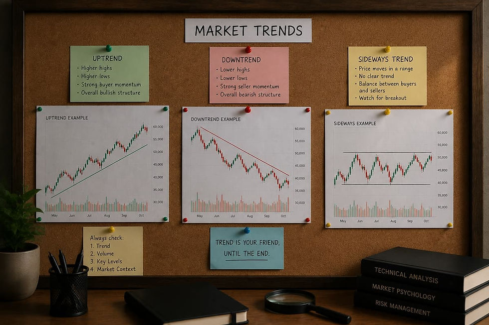 Printed crypto chart examples showing uptrend downtrend and sideways market movement