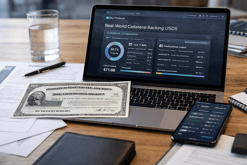 Close-up of a laptop showing Sky Protocol’s dashboard with real-world collateral data for USDS, alongside a U.S. Treasury bond, smartphone, and financial documents, illustrating integration of TradFi assets with DeFi lending.