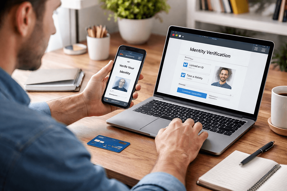 A person using a laptop and smartphone to complete identity verification on a cryptocurrency exchange, with a bank card on the desk, in a secure home-office setting.
