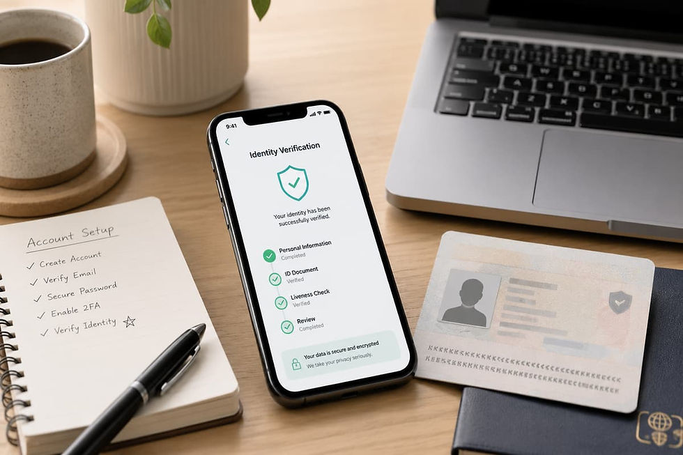 Realistic desk setup with identity documents, soft lighting, and verification concept representing account setup and compliance process