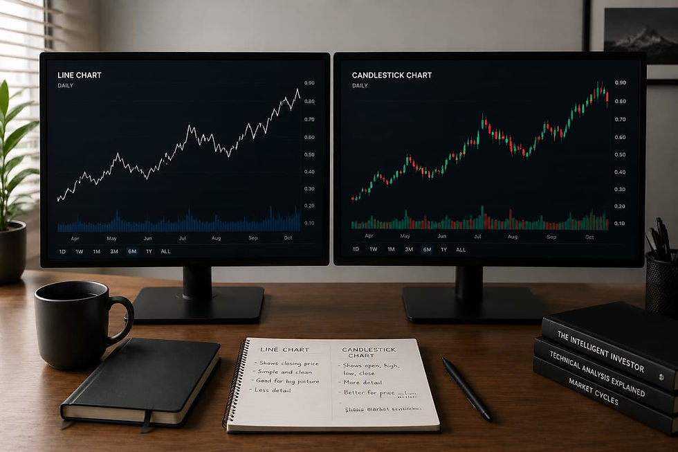 Realistic comparison of line chart and candlestick chart for beginner crypto investors