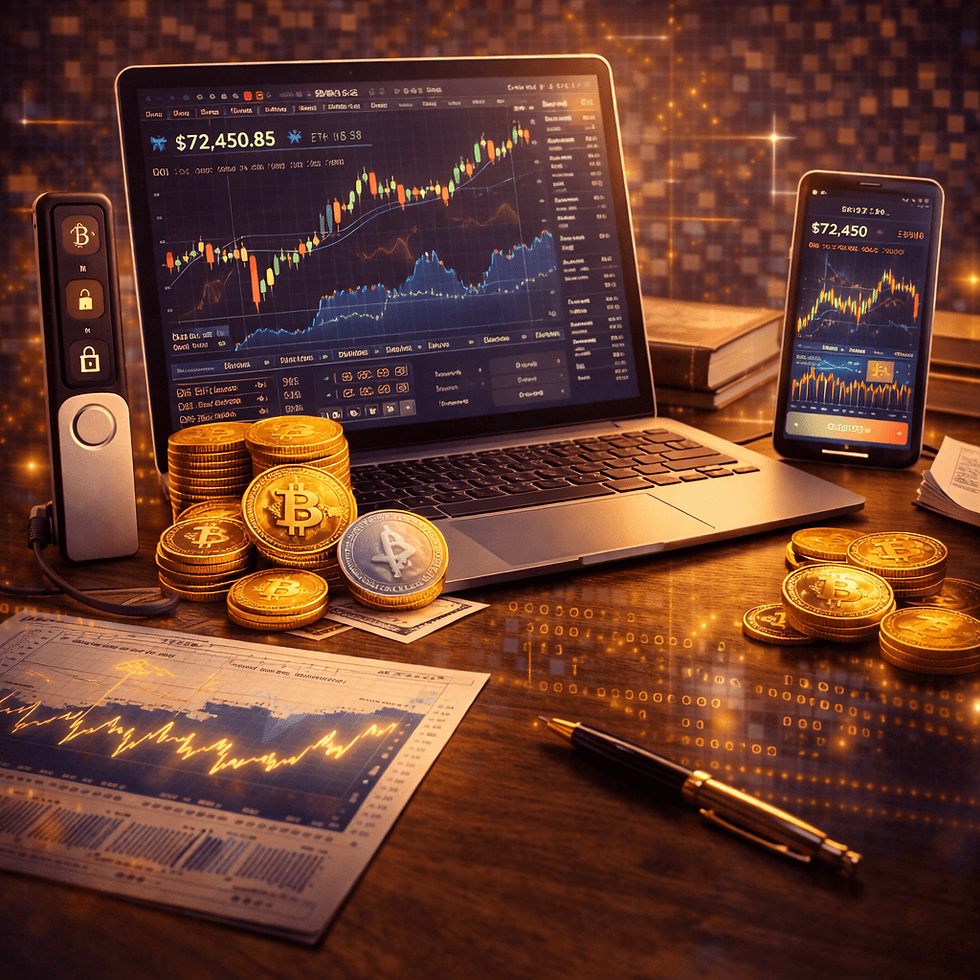 computer with crypto wallet and coins