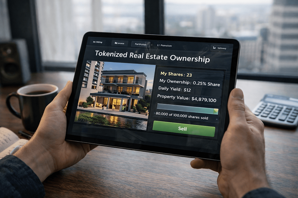 Investor viewing fractionalized NFT ownership of luxury real estate on a tablet, with modern city skyline visible in background.