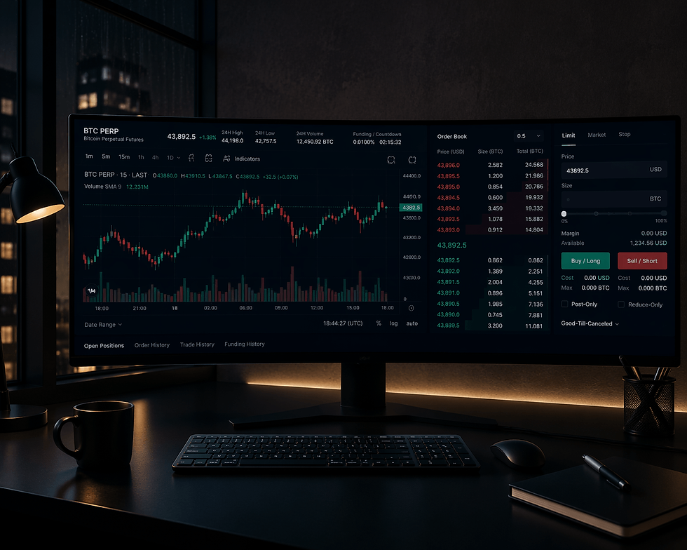 Professional crypto futures trading setup showing Bitcoin price chart on Kraken interface