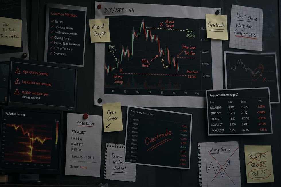 Realistic visual showing common crypto trading mistakes and poor risk management decisions