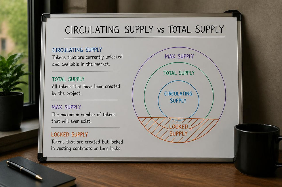 Diagram explaining the difference between circulating supply, total supply, max supply, and locked supply