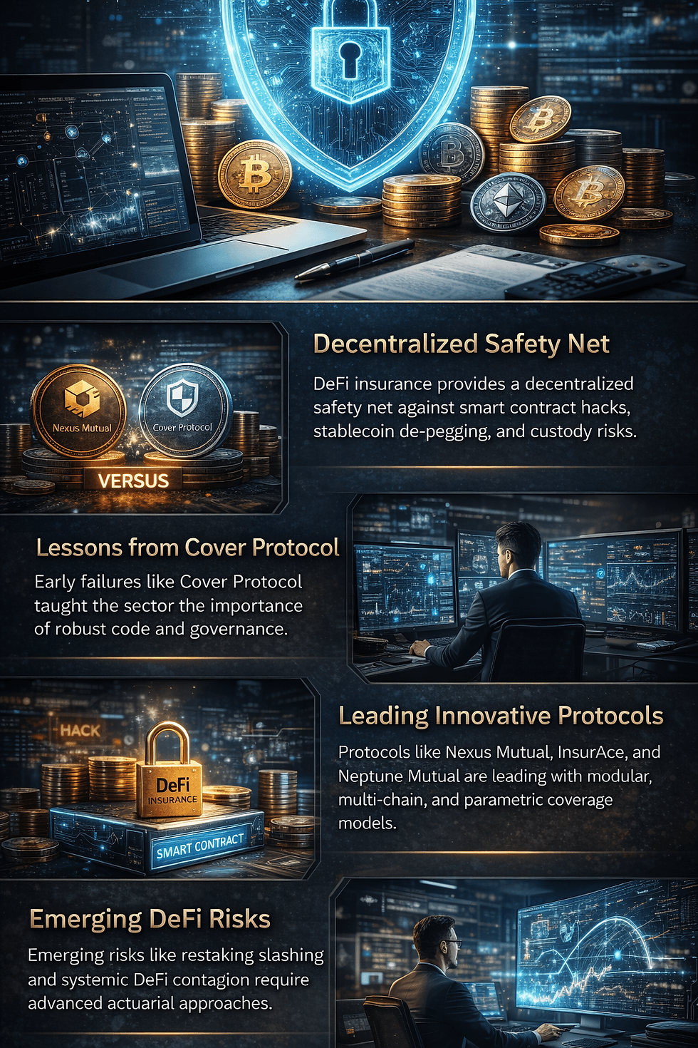 Vertical infographic showing key aspects of DeFi insurance: decentralized safety net, lessons from Cover Protocol, leading protocols like Nexus Mutual, emerging risks like restaking slashing, and AI-driven innovations, with realistic office and blockchain visuals.