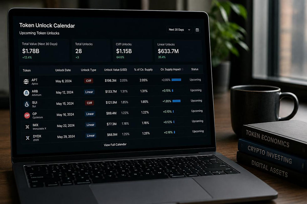 Dashboard mockup showing upcoming crypto token unlock dates, unlock value, and circulating supply impact