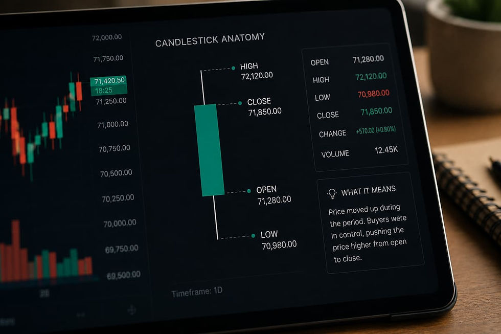 Close up of a crypto candlestick showing open close high and low price movement
