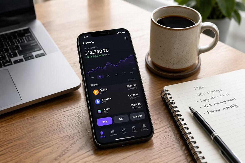 A realistic scene showing a calm desk setup with financial planning mood, representing modern crypto investing decision-making