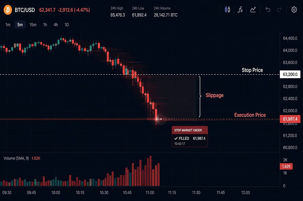 Trading interface showing the difference between stop price and final execution price during slippage
