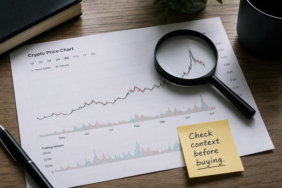 Printed crypto price chart highlighting the need to check context before buying