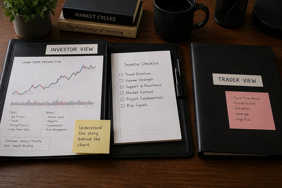 Investor focused crypto chart reading compared with short term trader analysis