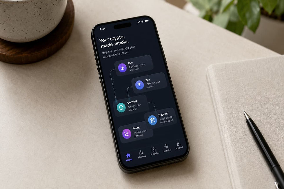 Minimal realistic smartphone on a desk showing abstract financial workflow representing crypto app simplicity and mobile trading flow