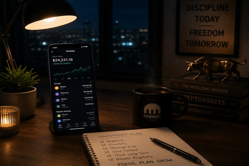 Peaceful realistic nighttime desk scene representing final review and thoughtful investment decision-making mindset