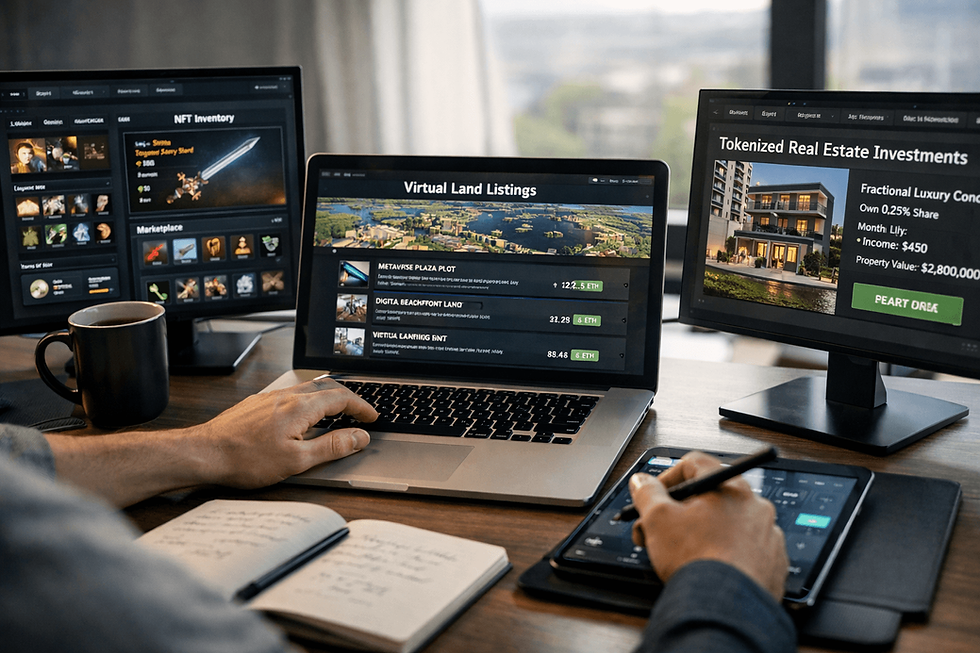 Investor interacting with NFT dashboards showing gaming assets, virtual land, and tokenized real estate on multiple screens in a professional workspace.