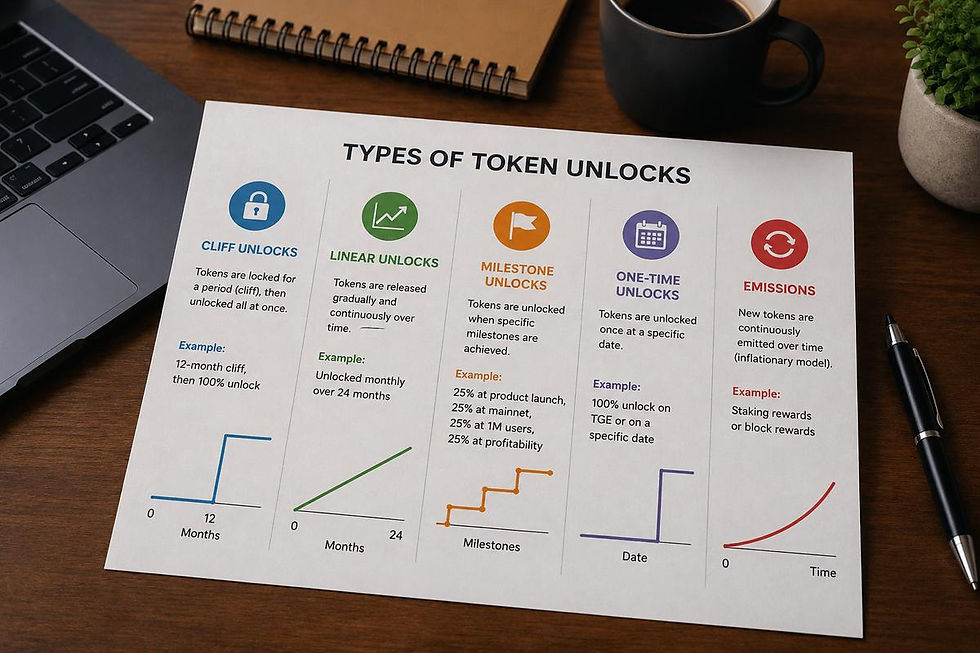 Infographic showing cliff unlocks, linear unlocks, milestone unlocks, one-time unlocks, and emissions
