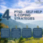 Number 4 representing four PTSD self-help strategies, with methods below: deep breathing, grounding, physical activity, support groups over a scenic mountain view. 1. Deep Breathing: Research shows that regular mindfulness practices can reduce PTSD symptoms by helping regulate emotional responses. 2. Grounding: Try grounding techniques that help bring you to the present moment. If you experience flashbacks or dissociation, try the 5-4-3-2-1 method. 3. Physical Activity: Regular exercise reduces stress hormones and improves mood. Aim for at least 30 minutes of moderate activity most days. 4. Support Groups: Connecting with others who understand PTSD can reduce isolation. Healing involves community