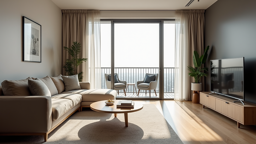 Eye-level view of a modern apartment living room with large windows