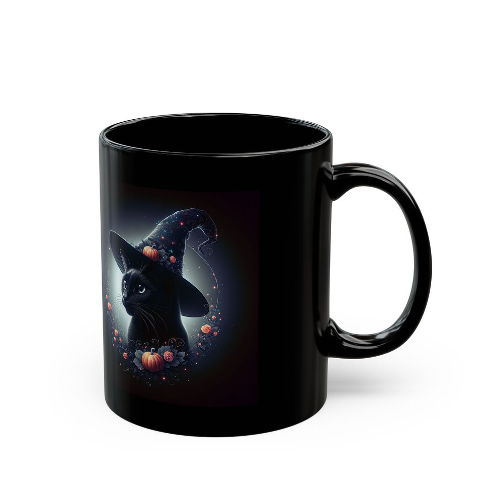 Thumbnail: Whimsical Black Cat Wearing a Witch Hat, Black Coffee Mug (11oz, 15oz)