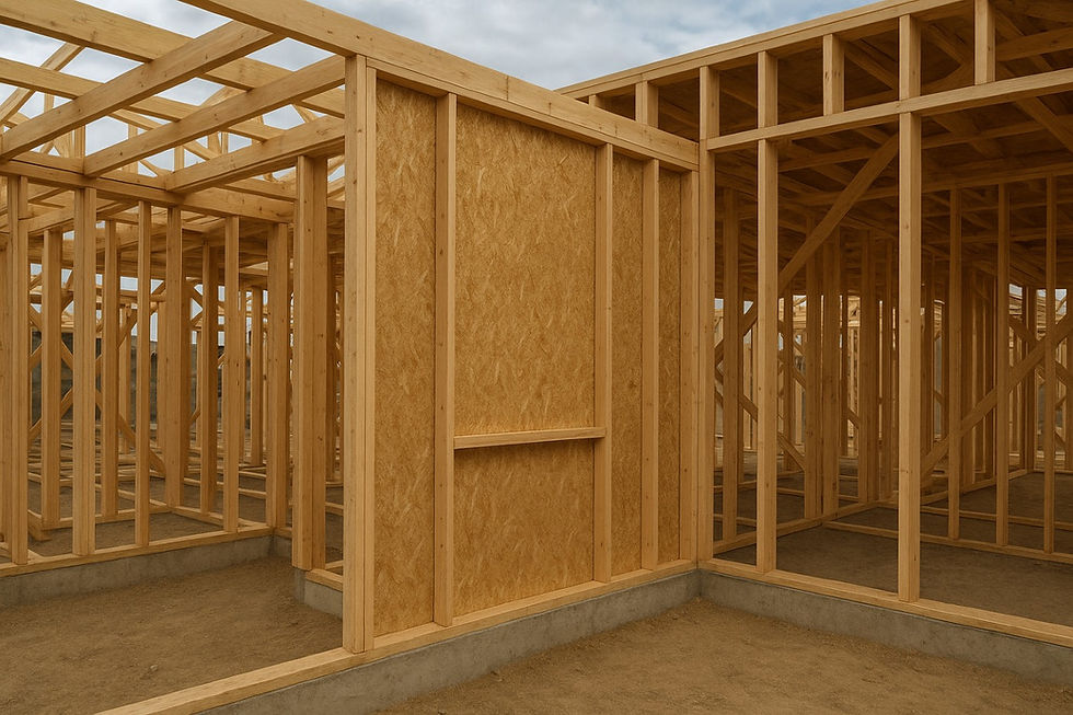 Detailed view of wood shear wall construction in Ontario residential framing, highlighting lateral load resistance and proper nailing patterns