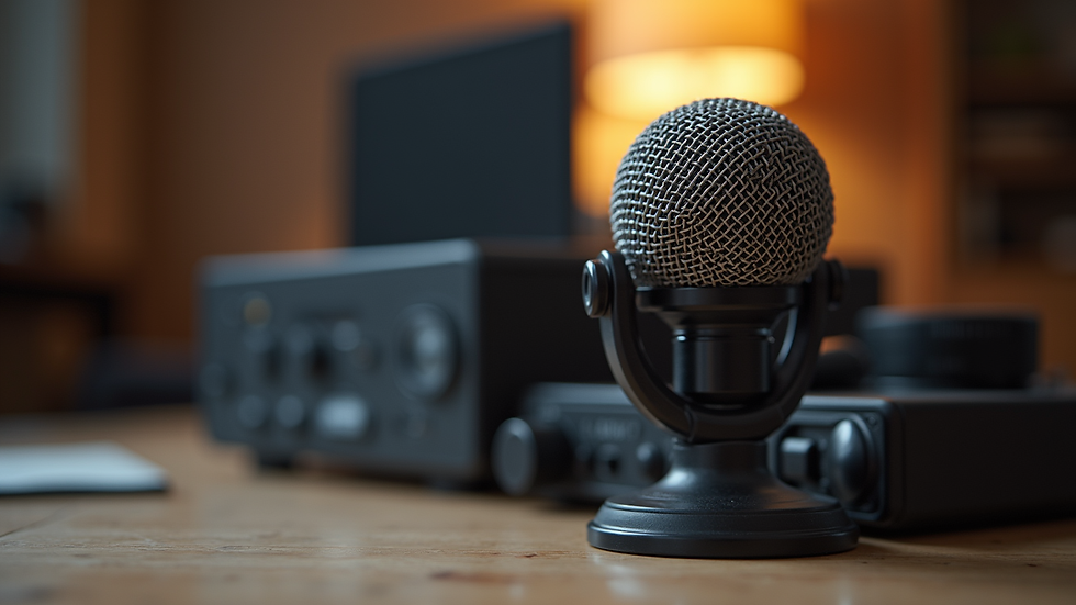 Close-up of microphone and recording device on table