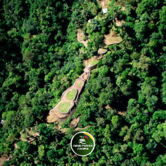 An aerial photograph looking down on the Lost City (Ciudad Perdida). Several circular, tiered stone terraces of the archaeological site are visible in a clearing surrounded by vast, dense green jungle.