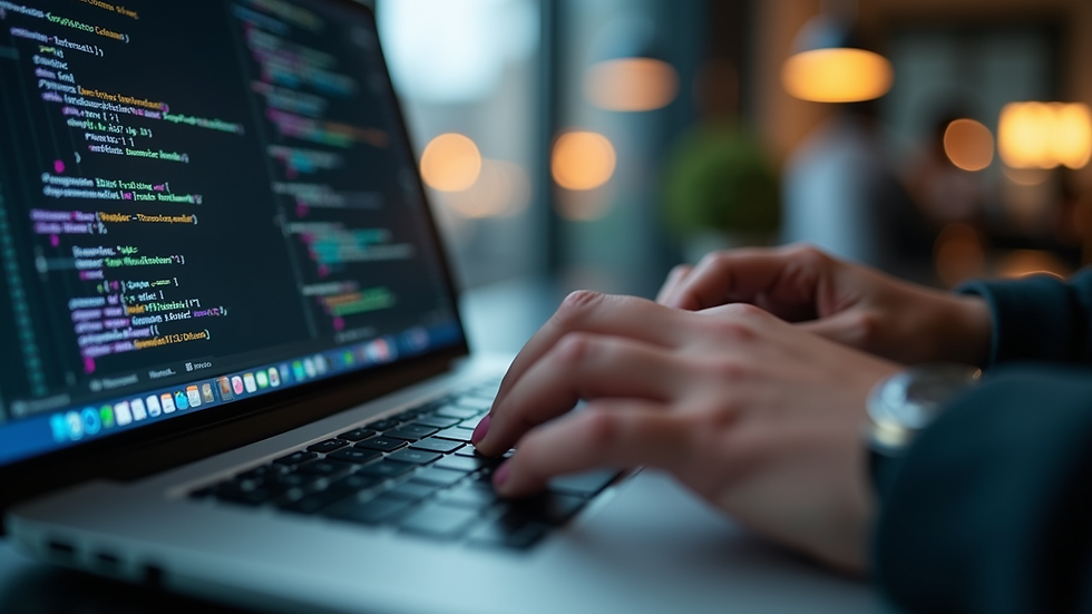 Close-up view of a person working on a laptop with coding software