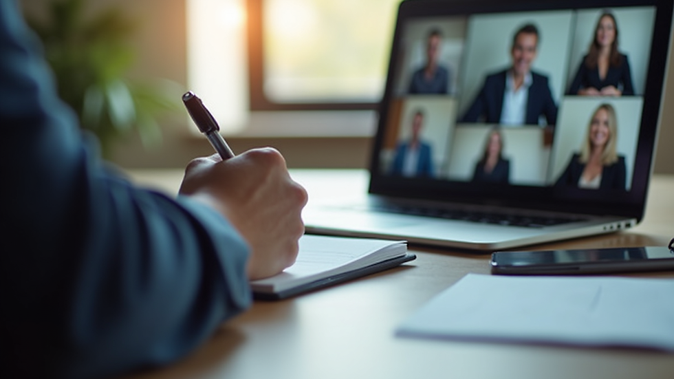 Close-up view of a person taking notes during an online corporate training session
