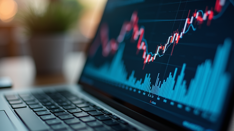 Close-up view of a laptop screen showing financial graphs and analytics