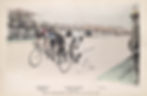 1901 hand tinted souvenir postcard picturing the start of a race between Major Taylor and French National Champion Edmond Jacquelin at the Parc des Princes Velodrome in Paris, France. Photo Courtesy of Jim Ammirato/ The Major Taylor Archive