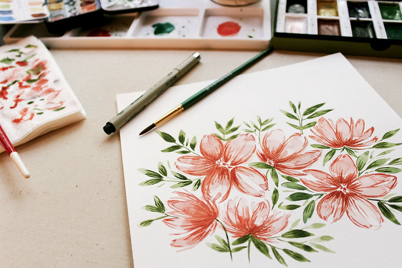 Water Colour painting of orange cosmos flowers