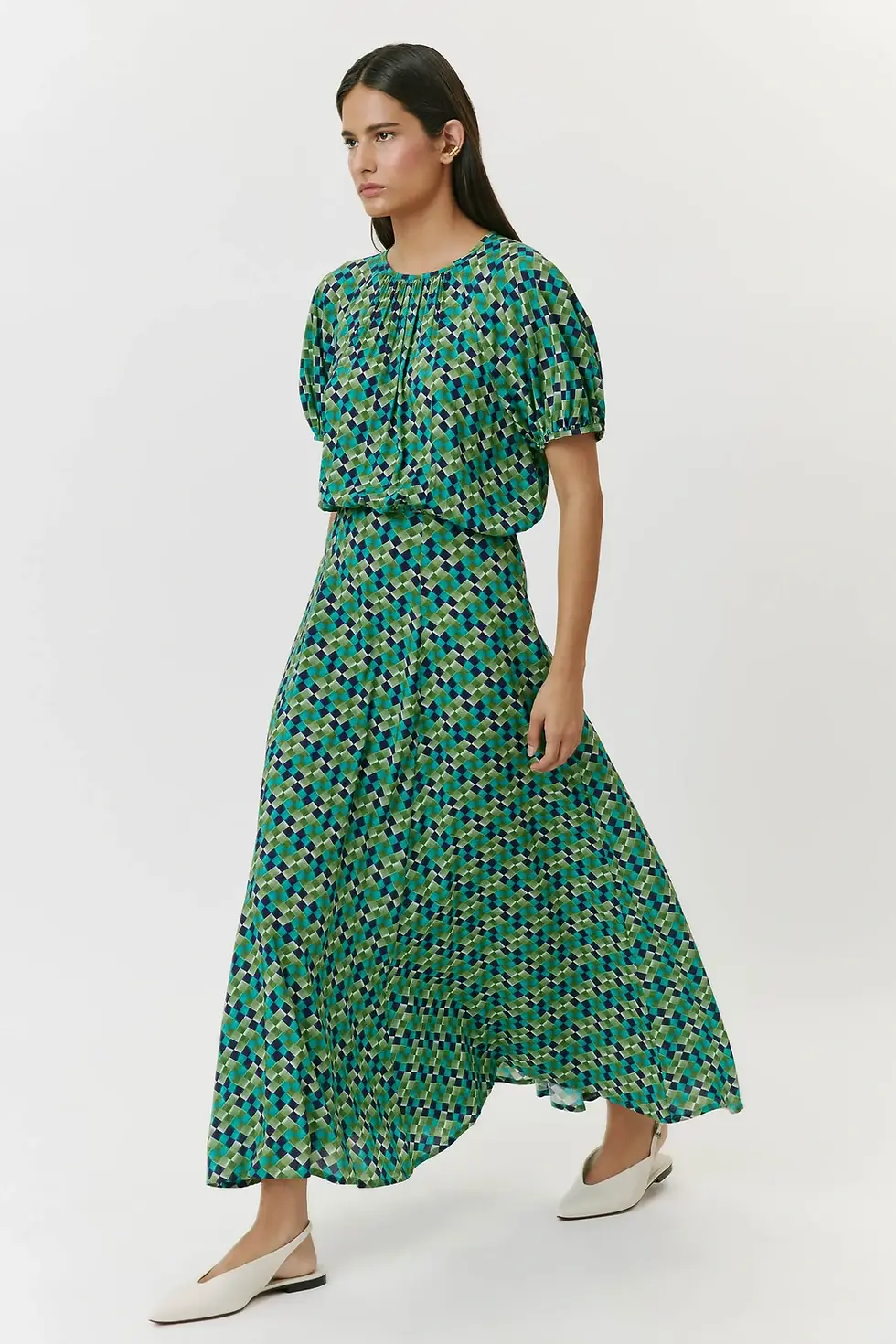 Miniatura: Vestido Manga Curta Bufante Nesgas Treliça Andrea Marques