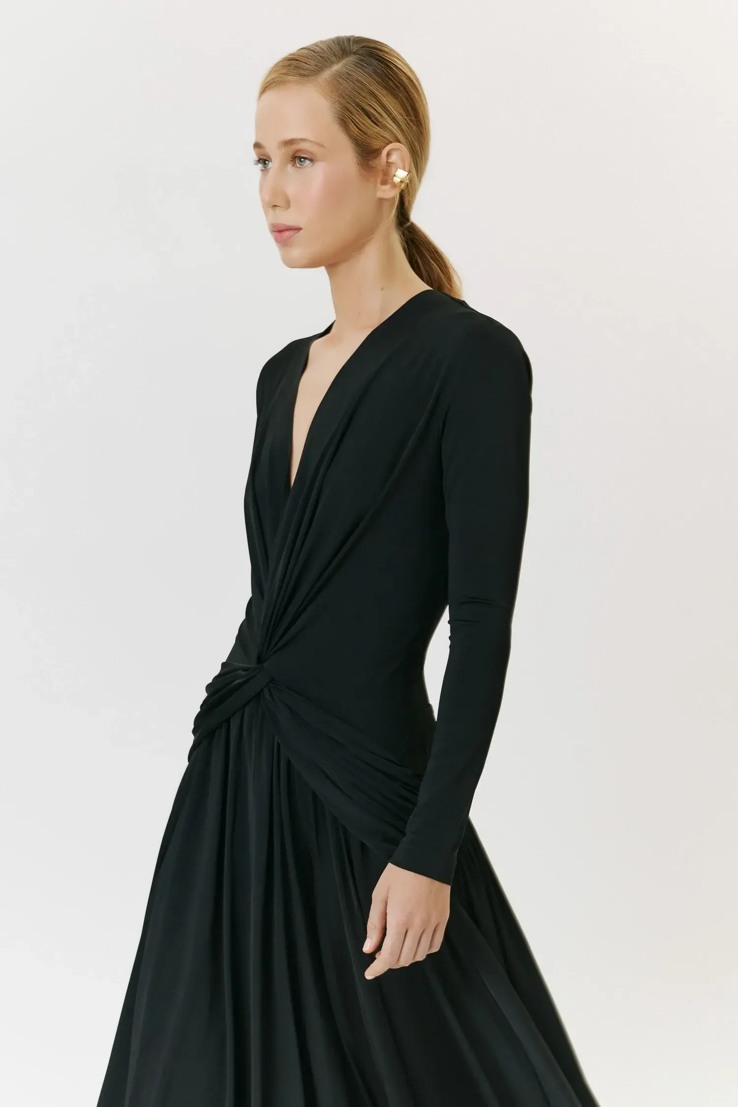 Vestido Jersey Decote V Torcido Manga Longa Preto Andrea Marques