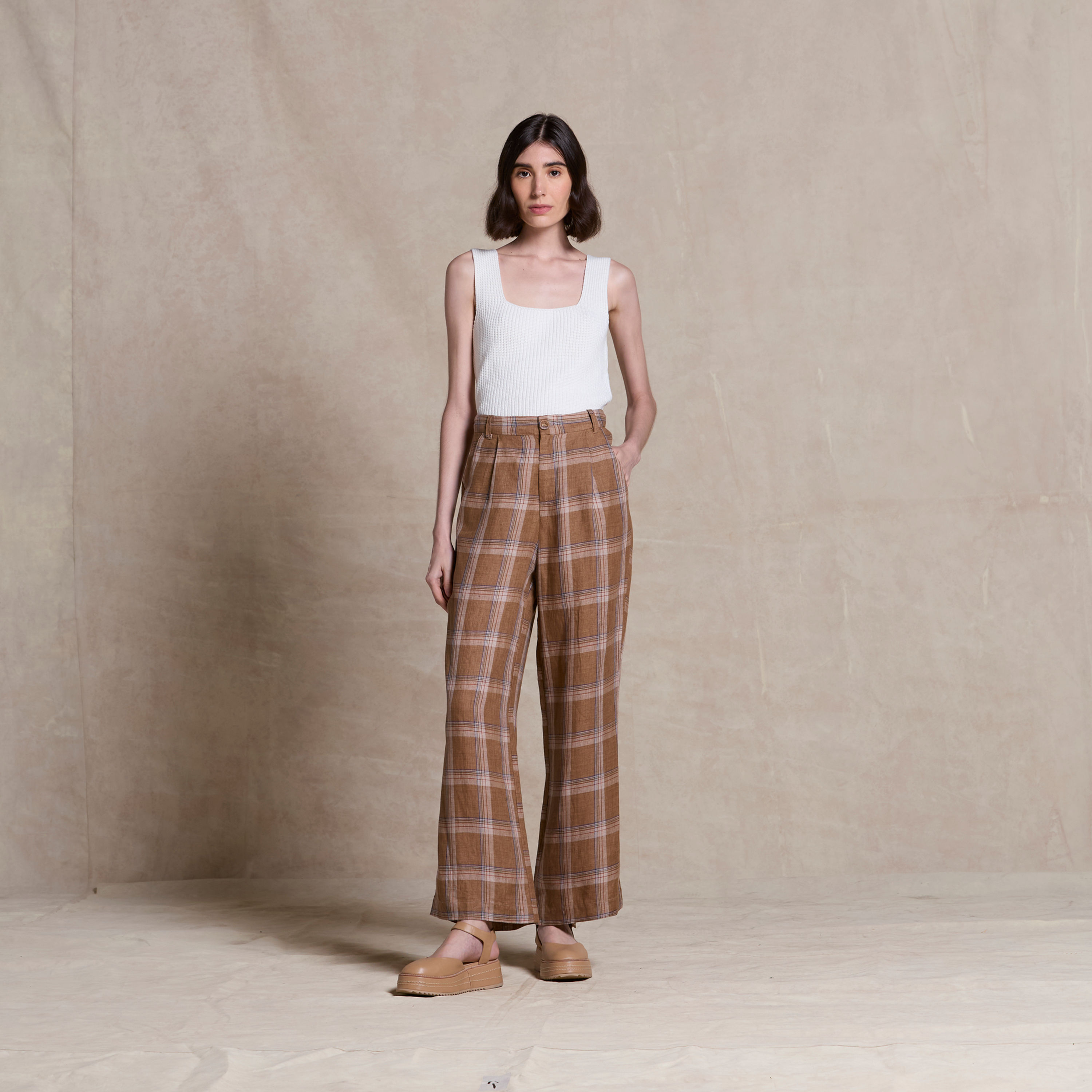 Calça Xadrez Alfaiataria Caramelo Missinclof