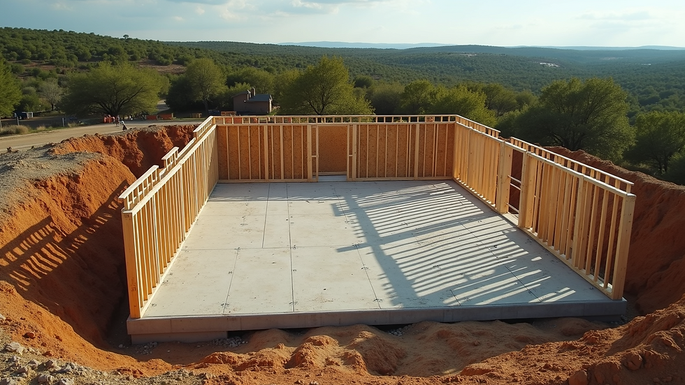 High angle view of a construction site in Texas Hill Country with foundation and framing underway