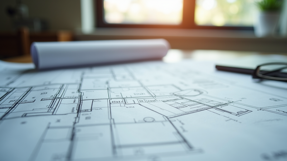 Close-up view of architectural plans and blueprints on a table
