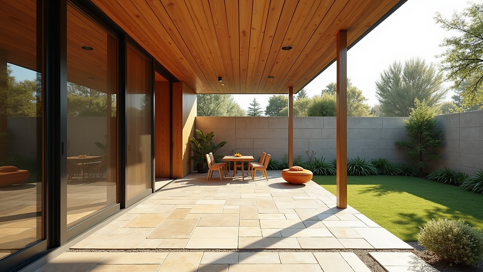 Wide angle view of midcentury modern patio with natural stone and wood