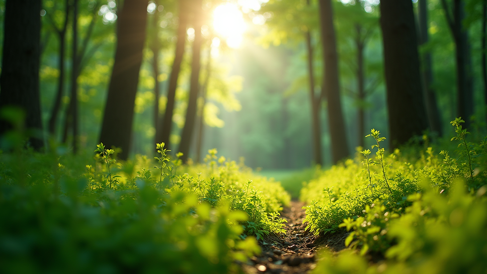 Eye-level view of a lush green forest with sunlight filtering through the trees