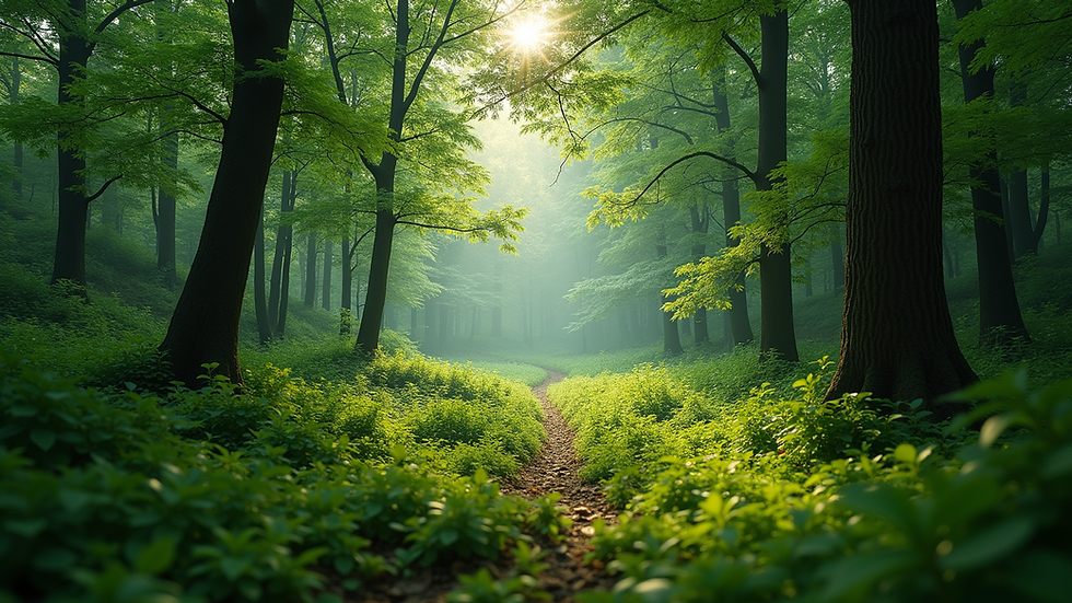 Wide angle view of a lush green forest